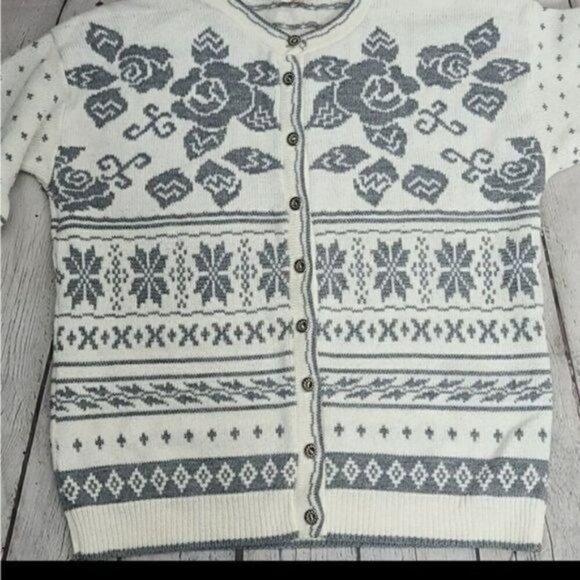 Vintage 70s Fair Isle White Nordic Knit Cardigan Sweater Rose Snowflake - Picture 9 of 15
